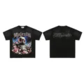 Detail view of black vintage washed graphic t-shirt featuring astronaut skeleton and roses. - Style 20