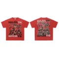 Red vintage streetwear graphic t-shirt with front and back bear and sports prints, loose fit. - Style 22