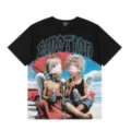 Primer plano de la camiseta negra con texto de emoción de pedrería y print. - S / 10