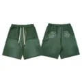 Vintage washed green streetwear casual shorts with gothic embroidery and drawstring waist. - S / Green