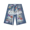 Uomo donna streetwear jeans pantaloncini ricamo lettere strass colorato dritto moda - 34=L / Blu