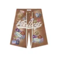 Pantaloncini di jeans marroni streetwear alla moda con strass colorati, ricami di lettere e toppe. - 34=L / Marrone