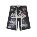 Pantaloncini in denim nero con ricami di strass colorati e patch streetwear per uomo e donna. - 34=L / Nero