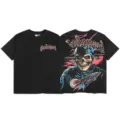 Black short sleeve t-shirt with graphic skull racing print and gothic letter streetwear. - S / Tops / Washed Black (G844)