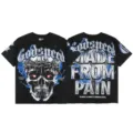 Black graphic t-shirt for men and women, featuring skull print and streetwear style. - S / Tops / Washed Black (G843)