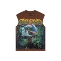 Vintage brown streetwear sleeveless t-shirt with skull graphic and rhinestones. Casual fit. - S / Brown