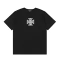 Vista detallada de la camiseta negra de manga corta con gráfico de cruz y roturas - S / 7