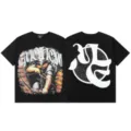 Camiseta negra unisex de manga corta con gráfico de ángel vintage y letras de diamantes. - S / 19