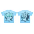 Blue short sleeve t-shirt with rhinestone graphic, vintage baroque style streetwear top. - S / Tops / Blue