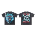 Vintage washed streetwear graphic t-shirt in dark grey color front and back view - S / Tops / Washed Black (F508)