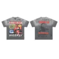 Vintage washed short sleeve t-shirt with graphic print, oversized streetwear casual top. - S / Tops / Washed Gray (F507)