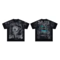 Black acid washed graphic t-shirt for men and women, vintage streetwear short sleeve tee with cool eye print. - S / Tops / Washed Black (F106)