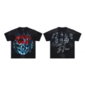 Black washed streetwear t-shirt with skull flame graphic and bold front back lettering. - S / Tops / Washed Black (F103)