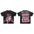 Black short sleeve t-shirt with graphic print and front back letter design streetwear top - S / Tops / Washed Black