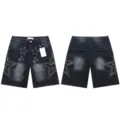 Dark grey washed denim cargo shorts with rhinestone star details, casual straight five-quarter. - S=28 / Black