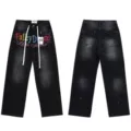 Jeans dritti neri slavati streetwear con lettere ricamate colorate e design di schizzi di vernice. - S=28 / Nero