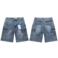 High street vintage wash denim shorts with rhinestone pentagram stars and multi pockets casual. - S=28 / Blue