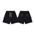 Black gothic embroidered casual shorts with elastic waist and metal details for men and women. - S / Bottoms / Black