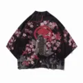 Japanese retro ukiyo-e koi fish and cherry blossom print kimono cardigan apparel detail. - S / Black