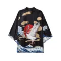 Japanese Vintage Ukiyo-e Crane Wave 3/4 Sleeve Kimono Cardigan Loose Shirt Men Women - S / Black