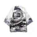Japanese Ukiyo-e Chinese Dragon Waves Print 3/4 Sleeve Kimono Cardigan Shirt Detail - S / White