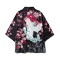 Japanese retro crane cherry blossom kimono cardigan detail, back view, loose casual wear. - S / Tops / Black