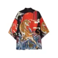Detailed view of Japanese ukiyo-e tiger print kimono cardigan, vintage open front haori shirt. - S / Black