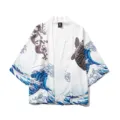 Japanese vintage ukiyo-e wave carp print cardigan detail, loose three-quarter sleeve top. - S / Tops / White