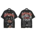 Black vintage washed graphic t-shirt for men and women, skeleton and letter print streetwear. - S / Tops / 6148 Washed Black