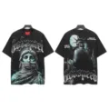 Men Women Vintage Wash Graphic T-Shirt Oversized Gothic Statue of Liberty Short Sleeve Tee - S / Tops / 6156 Washed Black