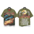 Vintage washed graphic t-shirt featuring retro racing car and skeleton print for streetwear style. - S / Tops / 6340 Washed Army Green