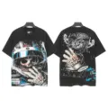 Vintage washed black short sleeve t-shirt, men women streetwear graphic tee with cool skeleton print. - S / Tops / Washed Black (6342)