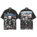Vintage washed black streetwear graphic t-shirt featuring gothic skull print and short sleeves. - S / Tops / Washed Black (6159)