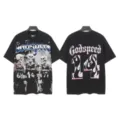 Vintage washed short sleeve t-shirt with gothic skull graphics and letters, unisex streetwear. - S / Tops / 6347 Washed Black