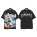 Black vintage washed graphic t-shirt with skeleton astronaut print and gothic text design. - S / Tops / 6161 Washed Black