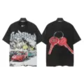 Vintage washed short sleeve t-shirt with retro supercar graphic and back key print streetwear. - S / Tops / 6170 Washed Black