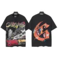 Vintage washed black graphic t-shirt featuring retro car street view and bold back letter print. - S / Tops / 6173 Washed Black