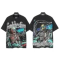 Vintage washed black short sleeve t-shirt with gothic skeleton and geometric graphic prints. - S / Tops / 6356 Washed Black