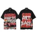 Vintage washed black short sleeve t-shirt with graffiti art print and racing car graphic. - S / Tops / 6185 Washed Black