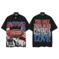 Vintage washed black short sleeve t-shirt with American streetwear graphic print for men. - S / Tops / 6367 Washed Black