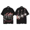 Black washed short sleeve t-shirt with vintage skeleton and guitar graphic streetwear style. - S / Tops / 6368 Washed Black