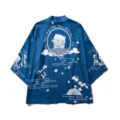 Japanese vintage ukiyo-e print kimono cardigan for men and women 7/8 sleeve loose haori top - S / Tops / Blue