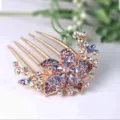 Detailed view of the exquisite rose gold crystal flower hair comb, 5-tooth bun pin accessory. - Violet