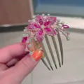 Exquisite rhinestones plum blossom hair comb crystal five-teeth insert hair styling tool - Rose Red