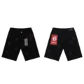 Black streetwear denim shorts with gothic letter embroidery and metal studs, casual style. - XL / Bottoms / Black