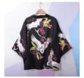 Japanese style black crane print kimono cardigan detail view, lightweight summer haori shirt. - Multiple Cranes Black