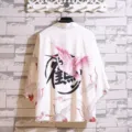 Japanese retro crane print open front kimono cardigan 3/4 sleeve loose haori shirt for men - Crane White