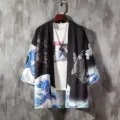 Japanese retro ukiyo-e wave carp print 3/4 sleeve kimono cardigan men women streetwear top - S / Tops / Wave Black