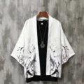 Unisex Japanese Style Cardigan Vintage Crane Print Half Sleeve Kimono Jacket Top - S / Tops / Bird White