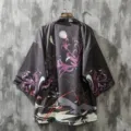 Japanese vintage kimono cardigan, loose casual seven-quarter sleeve outerwear for men and women. - Bird Black